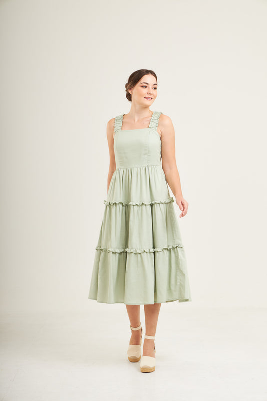 Kanya Ruffle Midi Dress with Nursing Zippers in Sage Green (Final Sale)