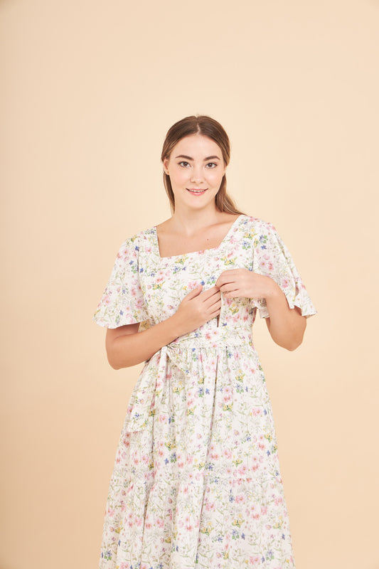 Lan Flutter Sleeve Cotton Linen Dress with Nursing Zippers in Sweet Wildflowers