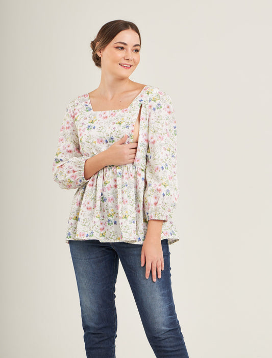 Muay Cotton Linen Top with Nursing Zippers in Sweet Wildflowers