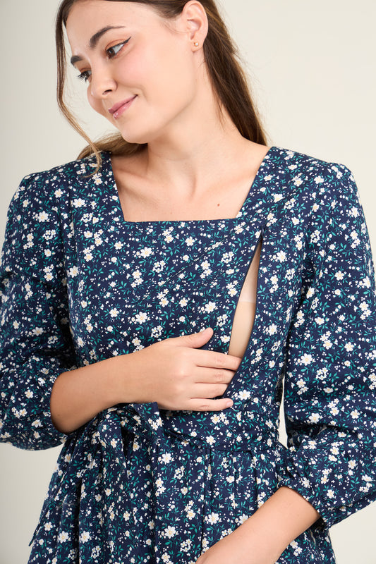 Embrace Long Sleeve Dress with Nursing Zippers in Navy Dainty Floral