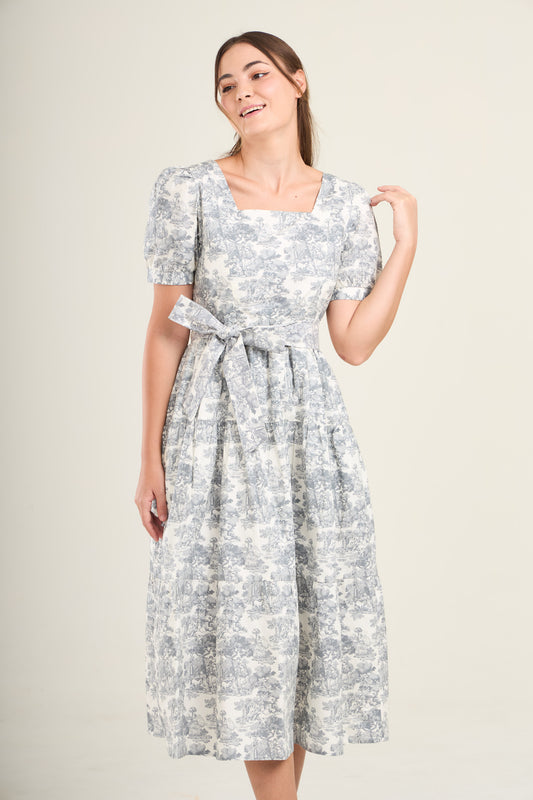 Versa Cotton Dress with Nursing Zippers in Vintage Gray Toile