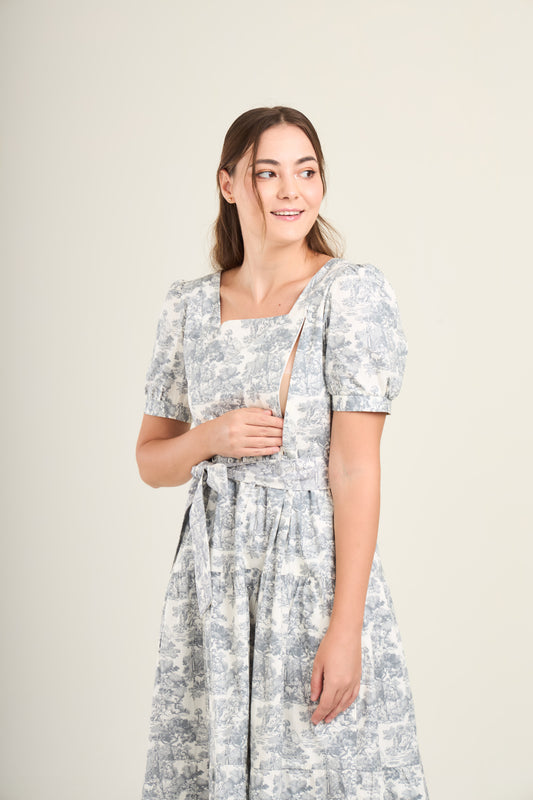 Versa Cotton Dress with Nursing Zippers in Vintage Gray Toile