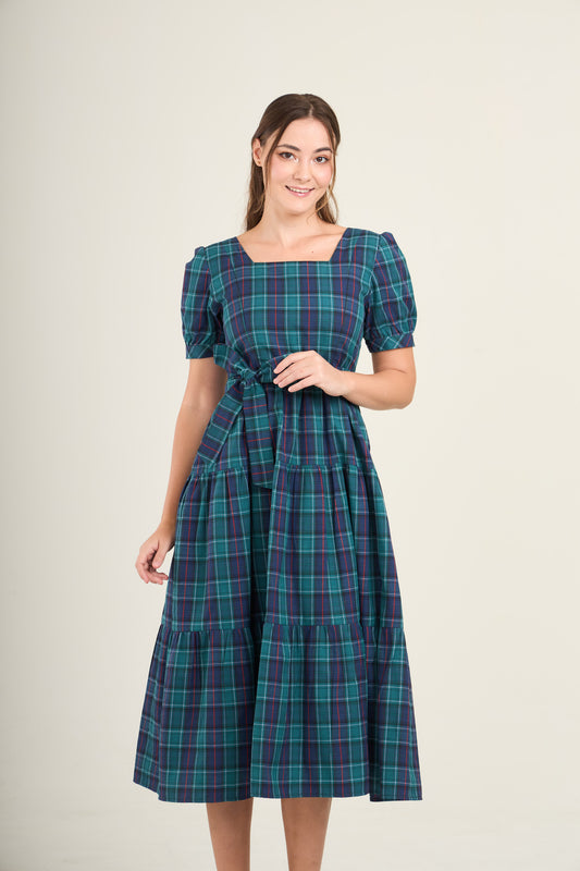 Versa Everywhere Dress with Nursing Zippers in Navy Green Tartan Plaid