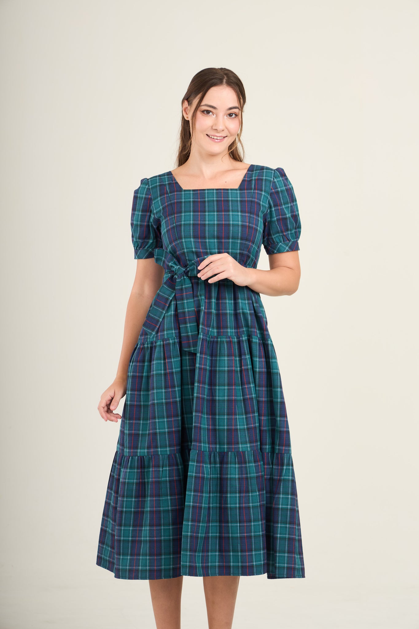 Versa Everywhere Dress with Nursing Zippers in Navy Green Tartan Plaid