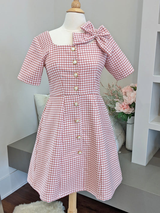 E5: Lana Short Sleeves Tweed Dress in Pink Houndstooth, size XS (Final Sale)