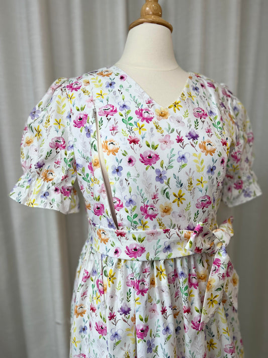 A1: Sample Dress All day with nursing zippers in watercolor blooms, knee-length, relaxed fit, size S
