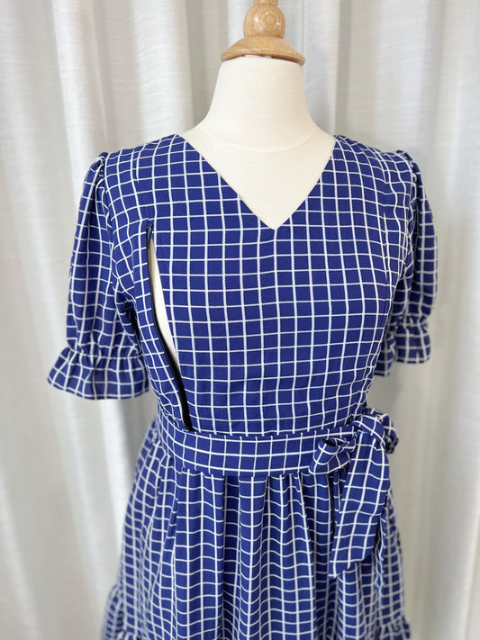 E17: All day dress with nursing zippers in Blue Plaid, knee-length, relaxed fit, size XXL (Final Sale)